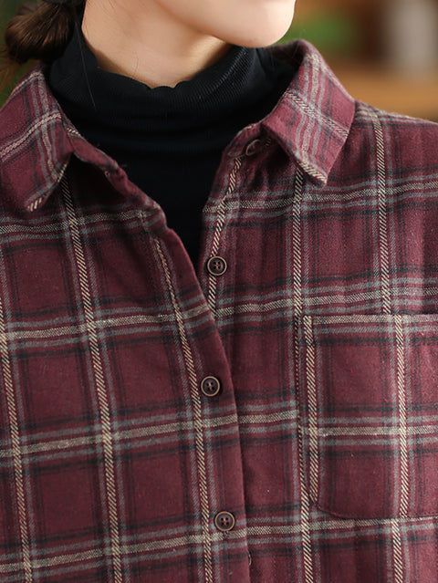 Women Vintage Autumn Plaid Cotton Turn-down Collar Shirt