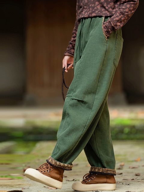 Pantalon large en coton et lin à fleurs rétro pour femme