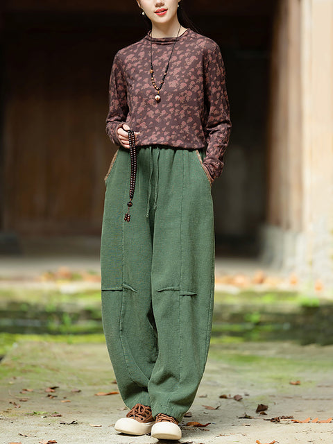 Pantalon large en coton et lin à fleurs rétro pour femme