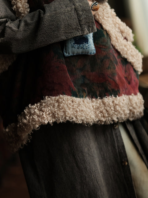 Gilet en coton épissé à patchs de fleurs ethniques pour femmes