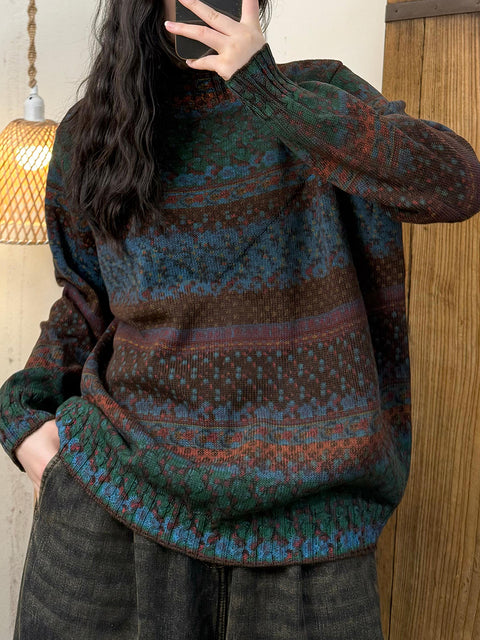 Pull col roulé mi-long à blocs de couleurs ethniques pour femme