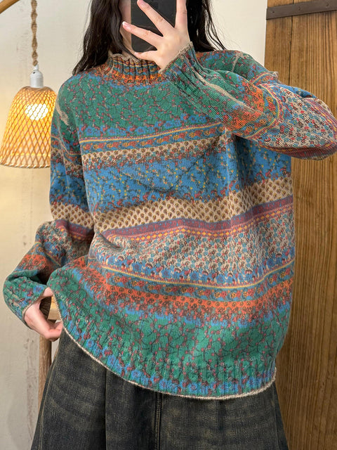 Pull col roulé mi-long à blocs de couleurs ethniques pour femme