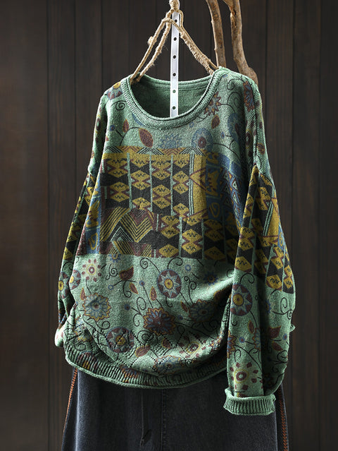 Women Autumn Ethnic Flower O-Neck Knit Sweater