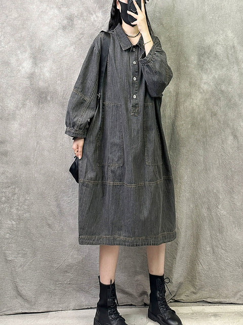 Robe en jean à col rabattu pour femme, style rétro, couleur unie, automne