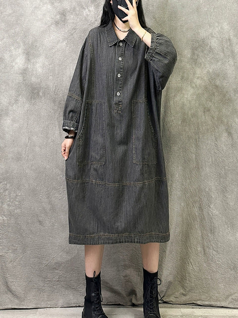 Robe en jean à col rabattu pour femme, style rétro, couleur unie, automne