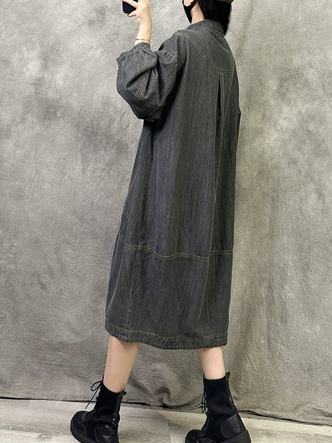 Robe en jean à col rabattu pour femme, style rétro, couleur unie, automne