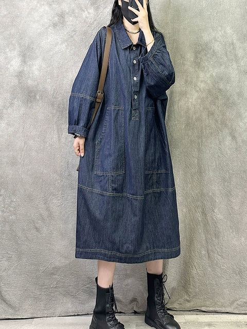 Robe en jean à col rabattu pour femme, style rétro, couleur unie, automne