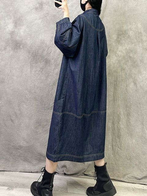 Robe en jean à col rabattu pour femme, style rétro, couleur unie, automne