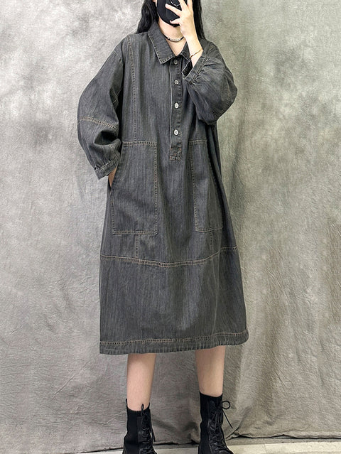 Robe en jean à col rabattu pour femme, style rétro, couleur unie, automne