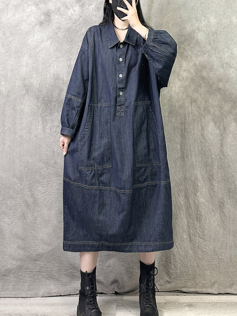 Robe en jean à col rabattu pour femme, style rétro, couleur unie, automne