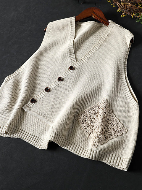 Gilet en tricot à col en V et broderies pour femme, décontracté, automne