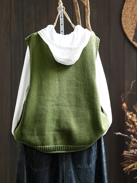 Women Vintage Flower Pocket O-Neck Knit Vest