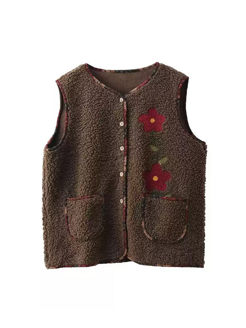 Women Winter Flower O-Neck Fleece Vest