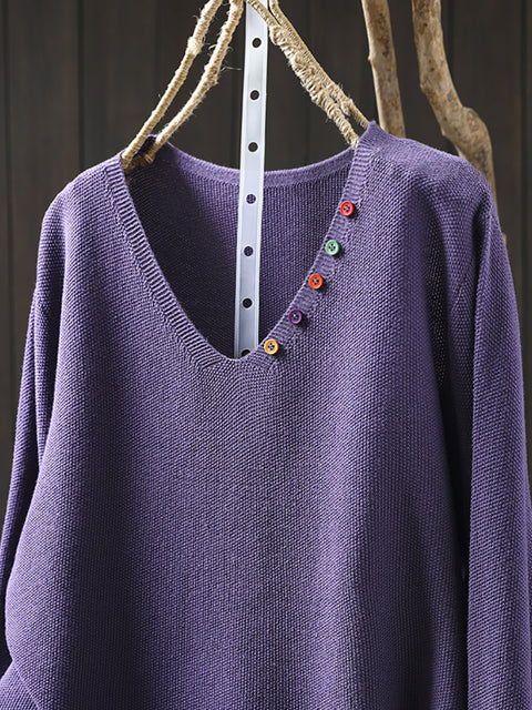 Women Autumn Casual Pure Color V-Neck Sweater