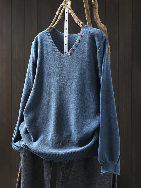 Women Autumn Casual Pure Color V-Neck Sweater