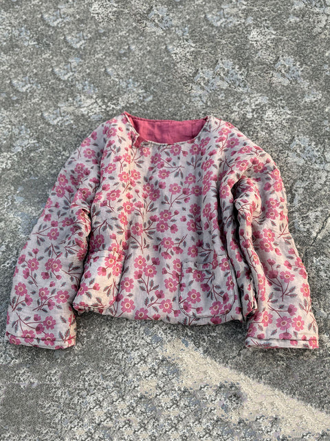 Manteau matelassé à col rond et motif floral vintage pour femme 100 % ramie