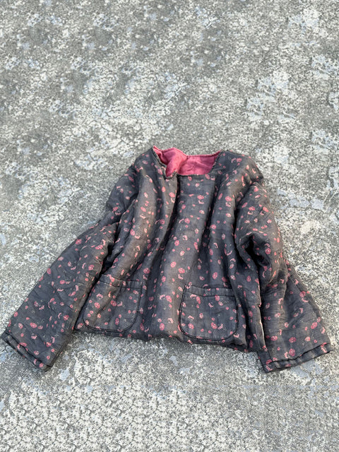 Manteau matelassé à col rond et motif floral vintage pour femme 100 % ramie