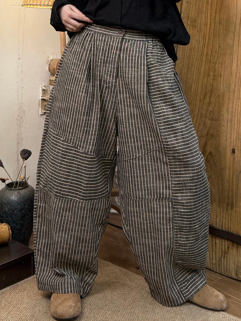 Pantalon droit en lin à carreaux vintage pour femme