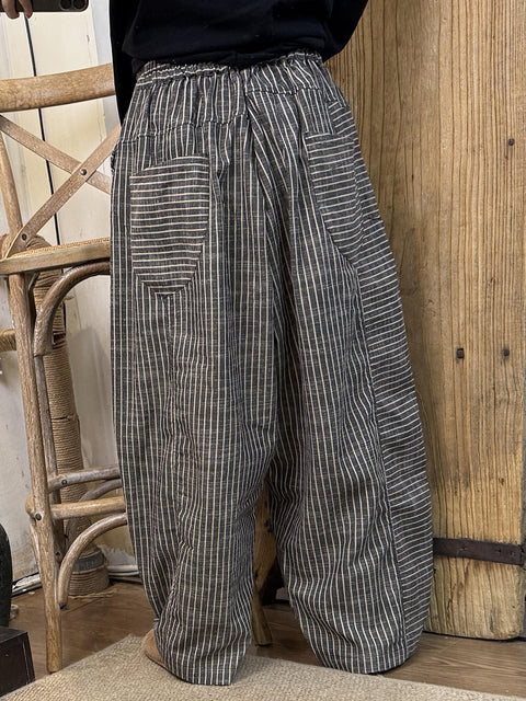 Pantalon droit en lin à carreaux vintage pour femme