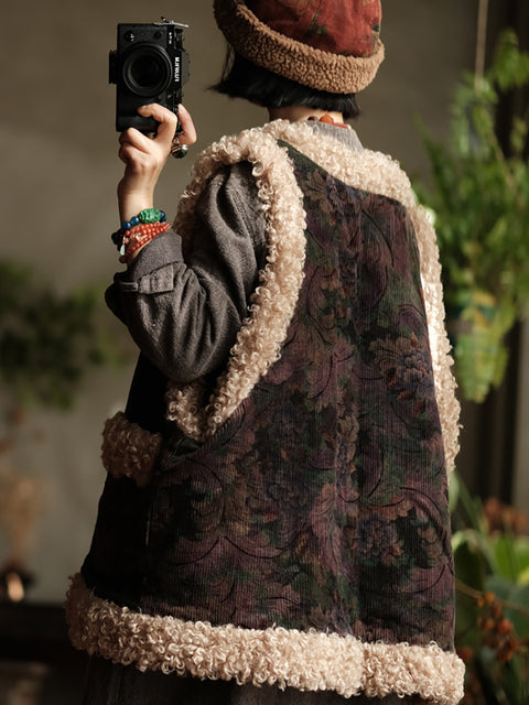 Gilet en velours côtelé à fleurs rétro pour femme