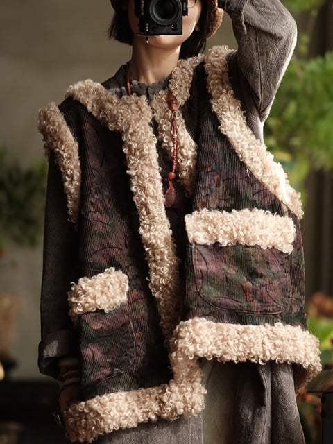 Gilet en velours côtelé à fleurs rétro pour femme