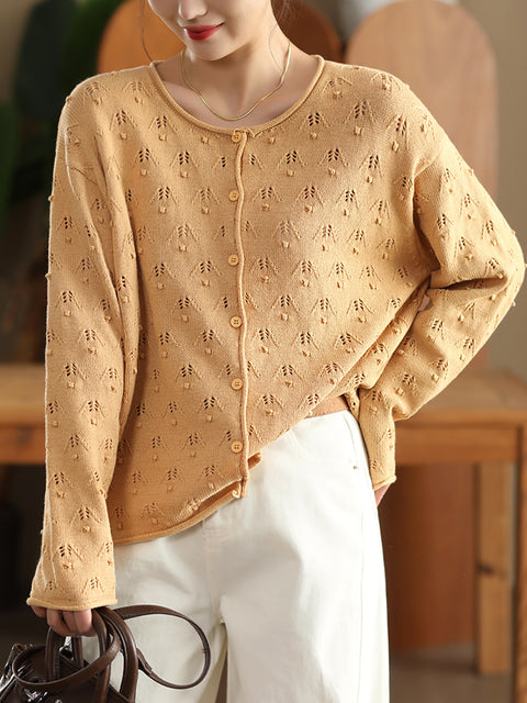 Pull en coton à col rond en tricot perforé pour femme