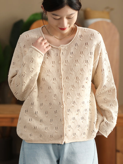 Pull en coton à col rond en tricot perforé pour femme