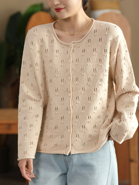 Pull en coton à col rond en tricot perforé pour femme