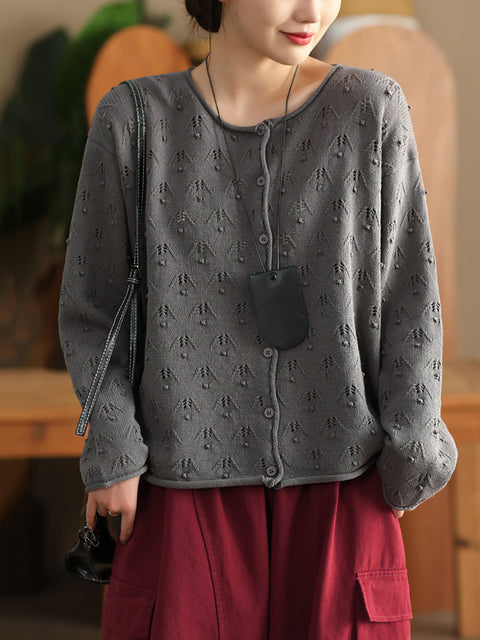 Pull en coton à col rond en tricot perforé pour femme