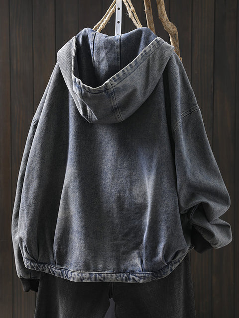 Women Vintage Spring Denim Hooded Coat