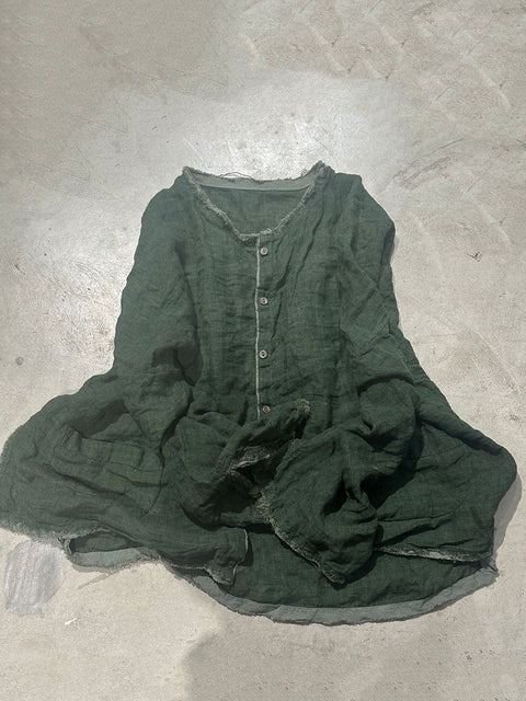 Chemise en lin unie à col rond et bords bruts pour femme