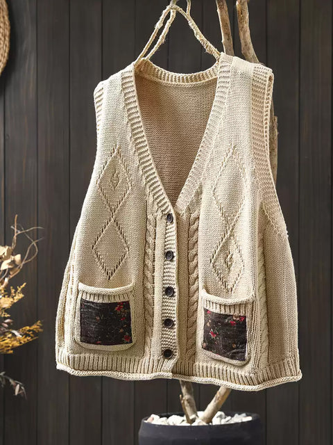 Gilet en tricot à col en V ethnique pour femme