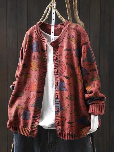 Pull cardigan en coton à col rond pour femme avec motif poisson d'automne