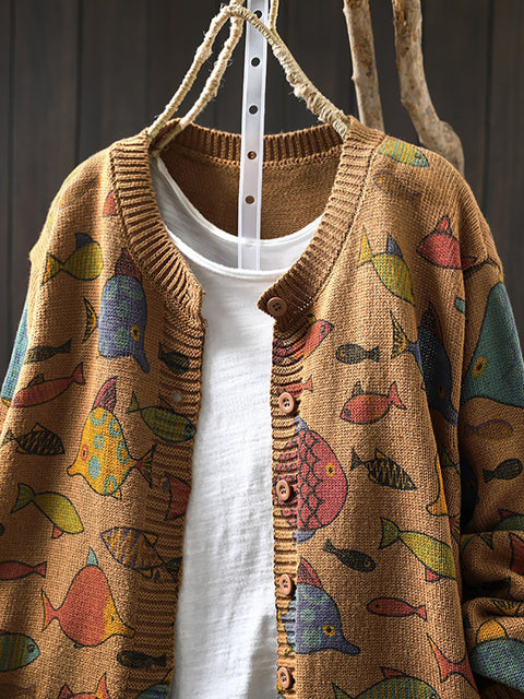 Pull cardigan en coton à col rond pour femme avec motif poisson d'automne