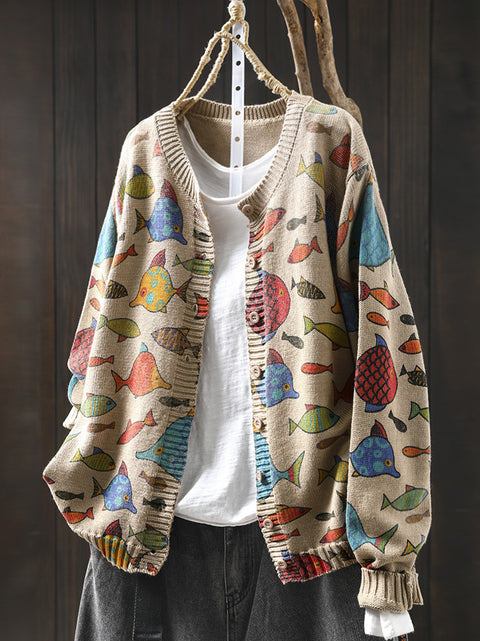 Pull cardigan en coton à col rond pour femme avec motif poisson d'automne