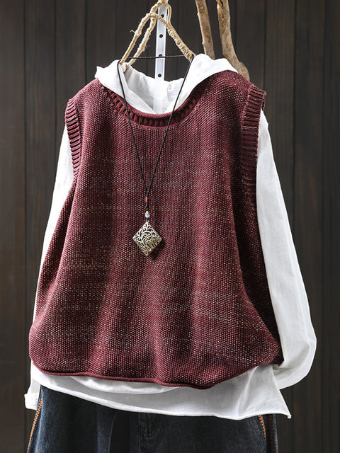 Women Spring Pure Color Knit O-Neck Vest