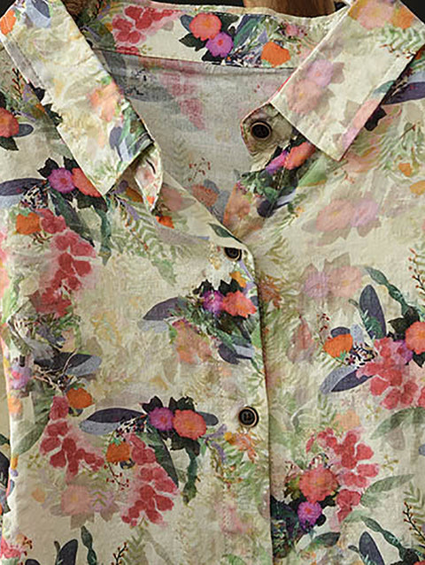 Chemise à col rabattu en coton à fleurs pour femme 