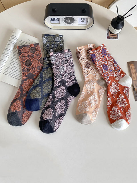 Lot de 5 paires de chaussettes en coton jacquard floral artistique pour femmes