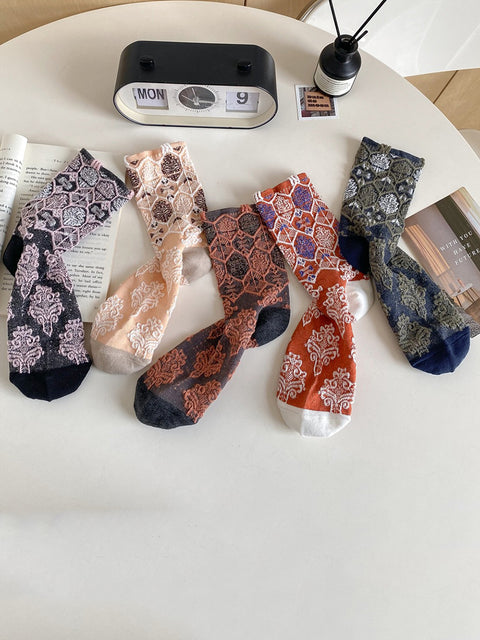 Lot de 5 paires de chaussettes en coton jacquard floral artistique pour femmes