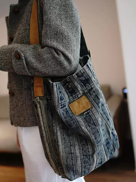 Sac fourre-tout à rayures rétro en denim délavé pour femme