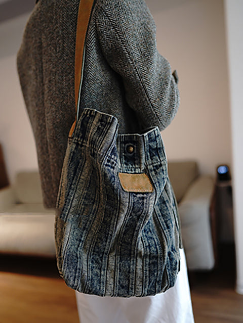 Sac fourre-tout à rayures rétro en denim délavé pour femme