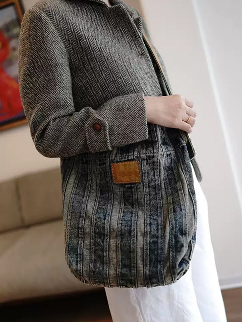 Sac fourre-tout à rayures rétro en denim délavé pour femme