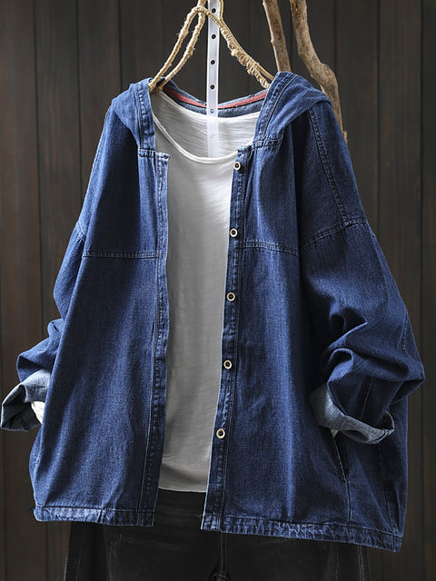 Chemise à capuche en denim de couleur pure pour femme 