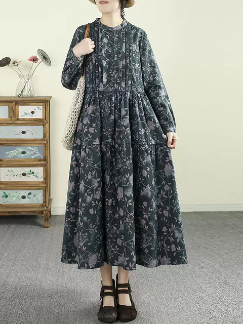 Robe de printemps artistique à fleurs froncées 100 % ramie pour femme