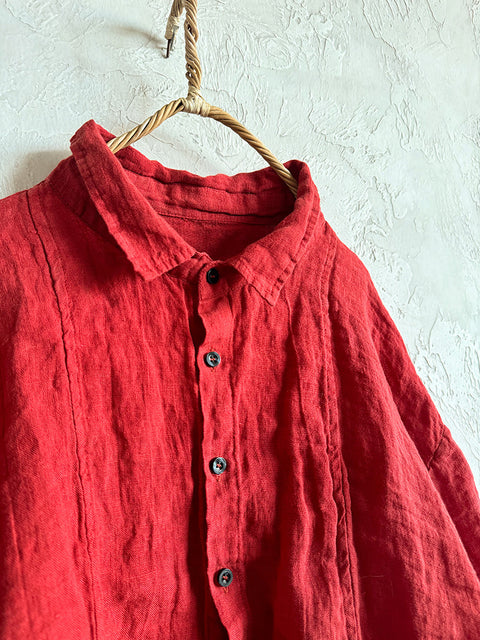 Chemise en lin à col rabattu de couleur pure pour femme 