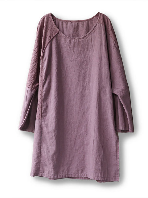 Chemise en lin à col rond de couleur pure pour femme 