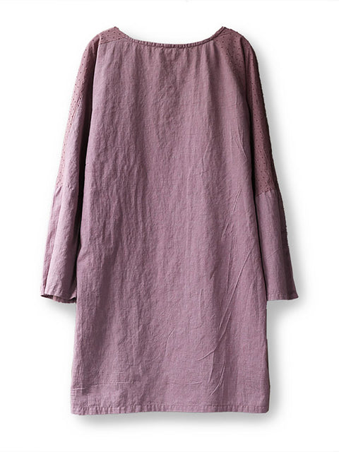 Chemise en lin à col rond de couleur pure pour femme 