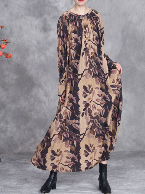 Robe ample à col rond et motif floral artistique pour femme