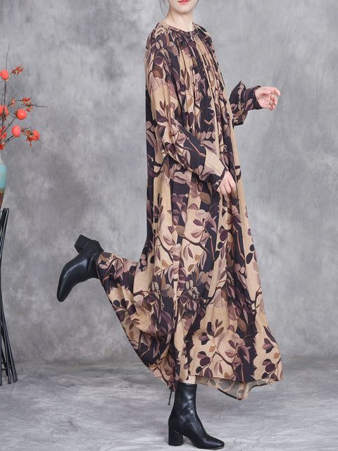 Robe ample à col rond et motif floral artistique pour femme