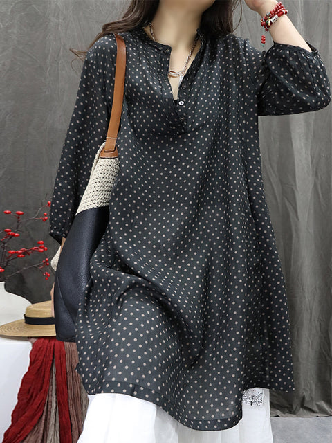 Robe chemise à pois à col rond pour femme 100 % ramie